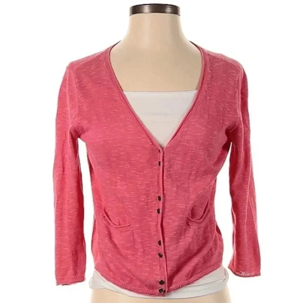 Eileen Fisher V-Neck Linen Cotton Blend Pink Button Down Cardigan Size Petite S